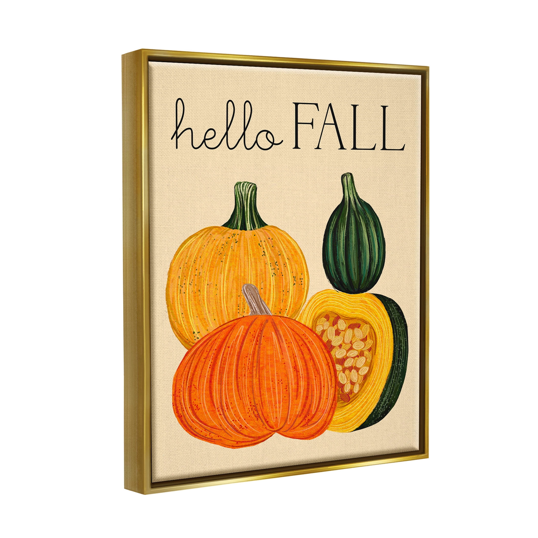 Stupell Industries Hello Fall Harvest Gourds Graphic Art Metallic Gold Floating Framed Canvas Print Wall Art, Design by Ziwei Li