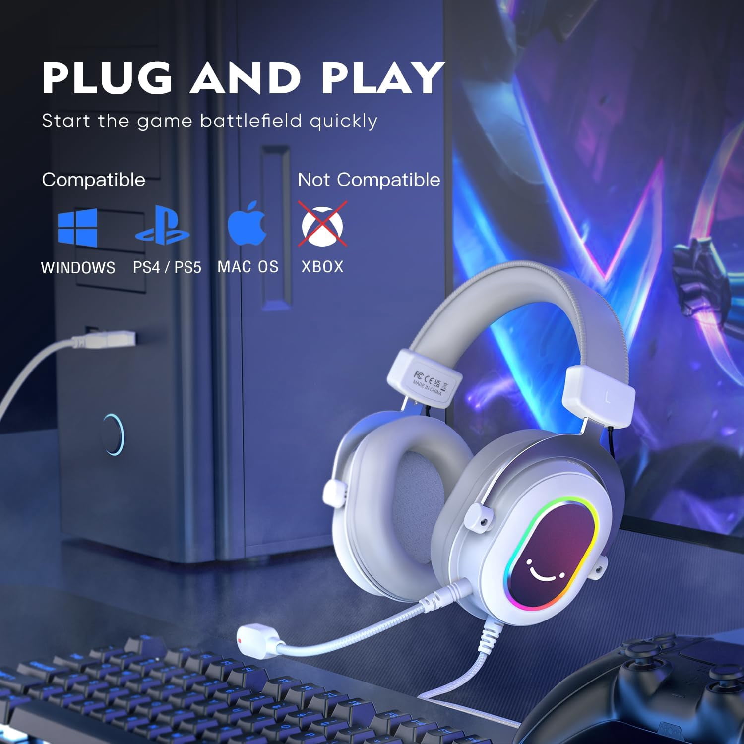 FIFINE H6 Wired Gaming Headset with Microphone for Computer PC, PS5/PS4, 330g Lightweight, USB Control Box with 7.1 Sound, EQ Mode for FPS Gamer, White