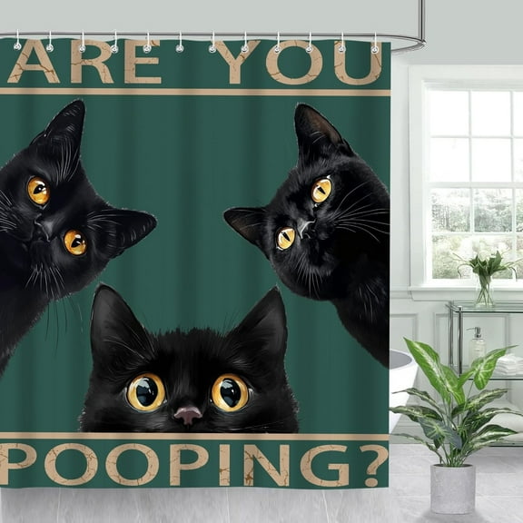 Funny Black Cat Shower Curtain, Humorous Bathtub Curtains Set Green Background for Bathroom Decor, Waterproof Fabric Cloth with 12 Hooks, 66x72 Inch