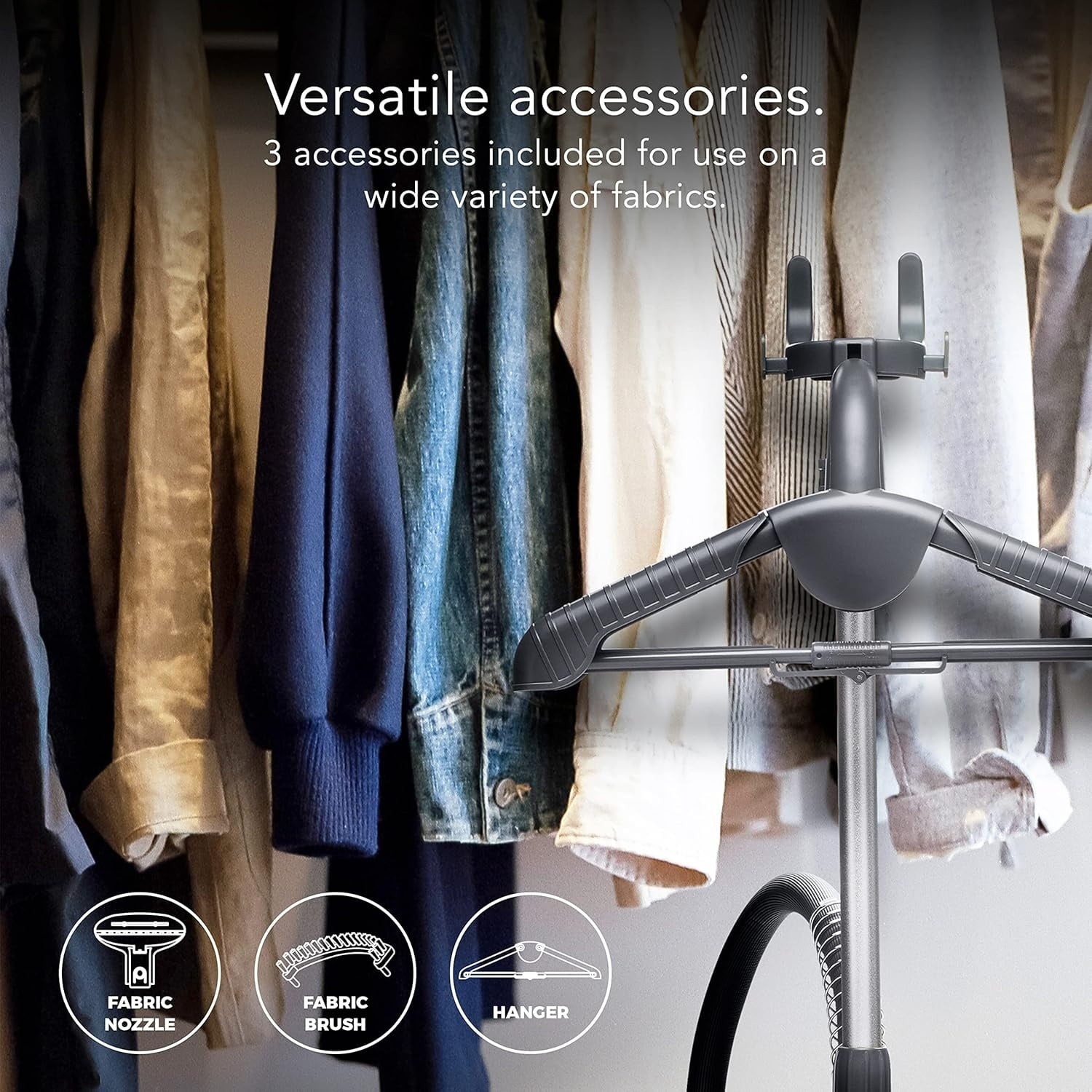 Full Size Fabric Steamer with Insulated Hose, Clothes Hanger, and Fabric Brush, Quick Heat-Up Time, 70-Ounce Water Tank, Chemical-Free Steam, Integrated Cord Wrap, White