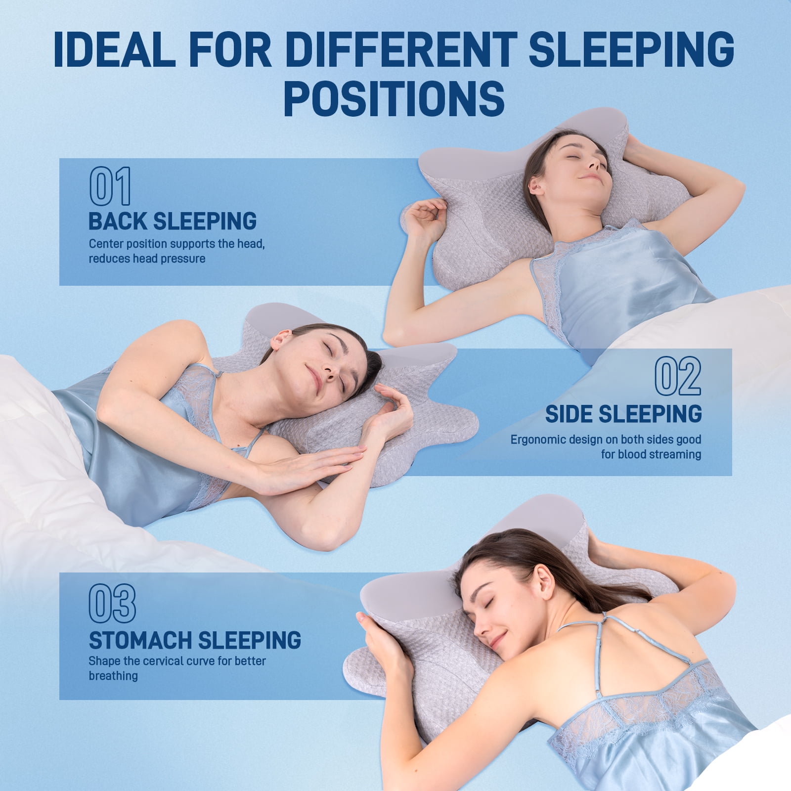 Cervical Neck Pillow - Memory Foam Pillow for Neck Support & Pain Relief, Ergonomic Contour Pillow for Back & Side Sleepers, Soft & Washable Pillowcase (Gray-Gray)
