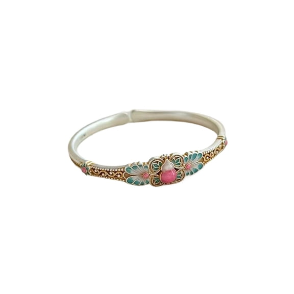 Floral Enamel Bangle Bracelet, Silver and Gold Tone, Pink Stone Accent, Intricate Filigree Design,S925 Adjustable Open Cuff
