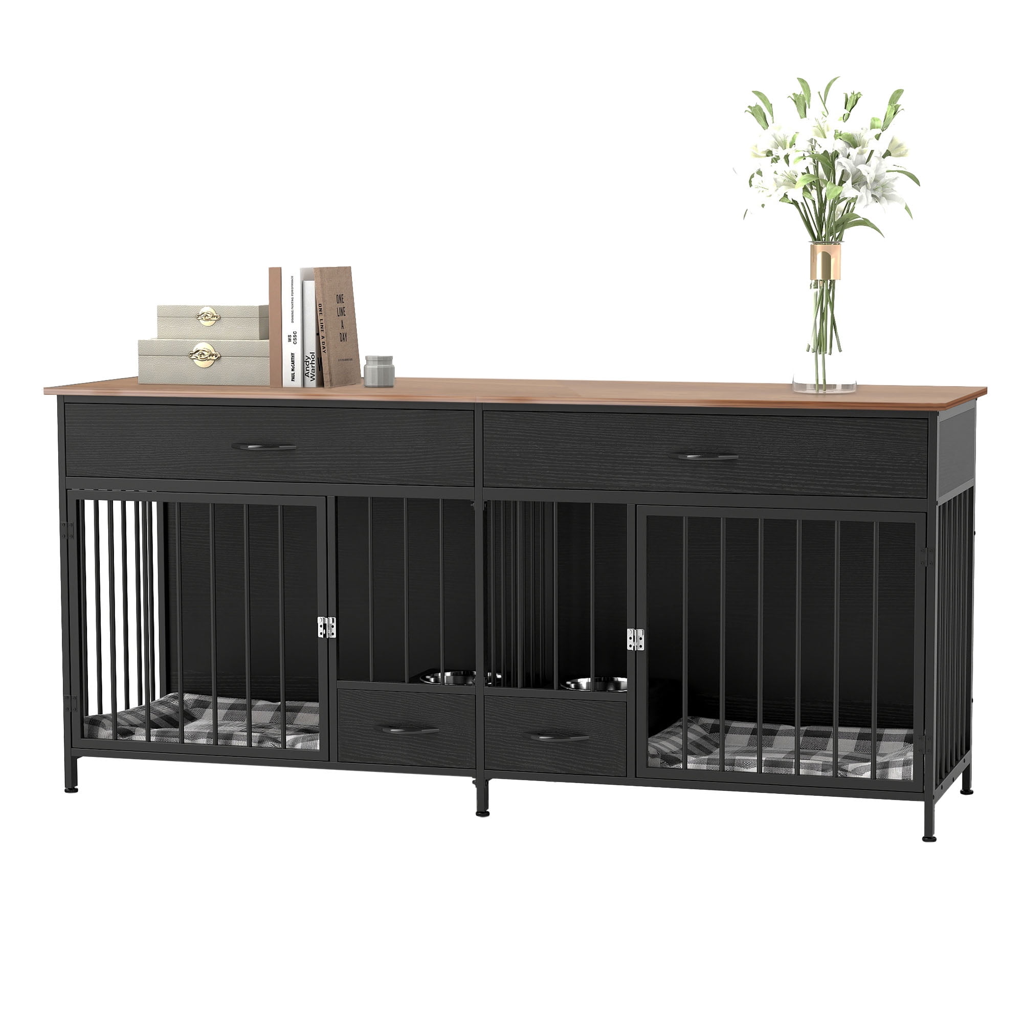 ModFusion 74" Black Double Dog Crate Furniture with 2 Drawers – Heavy-Duty Wood Pet Kennel & TV Stand for 2 Dogs, Lockable Doors, Modern Design