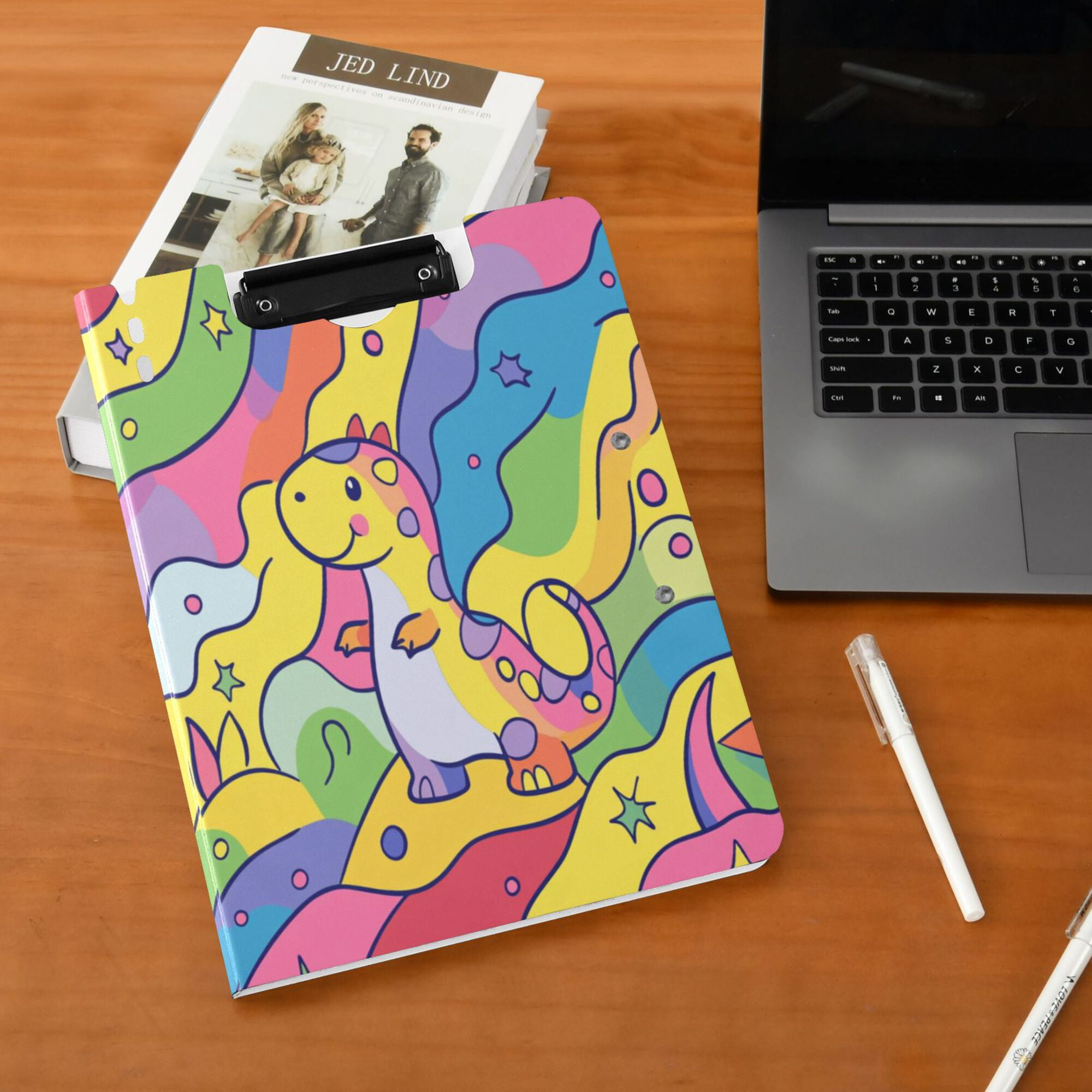 FORMRS A4 Clipboard Folder with Pen Holder Horizontal Foldable School Office Binder, Vibrant Dinosaur