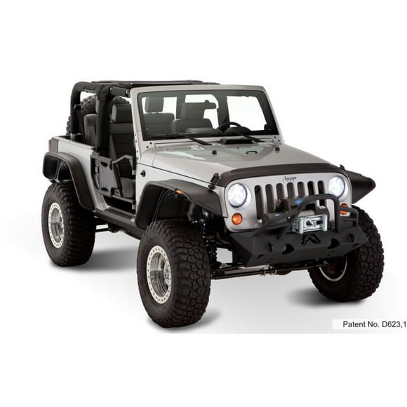 Fits 2007-2018 Jeep Wrangler JK Bushwacker Fender Flare 10919-07 Flat; 9-1/2 Inch Front/4-3/4 Inch Rear Tire Coverage; Matte Black; Dura-Flex 2000 TPO Textured Plastic; 4-1/2 Inch Flare Height