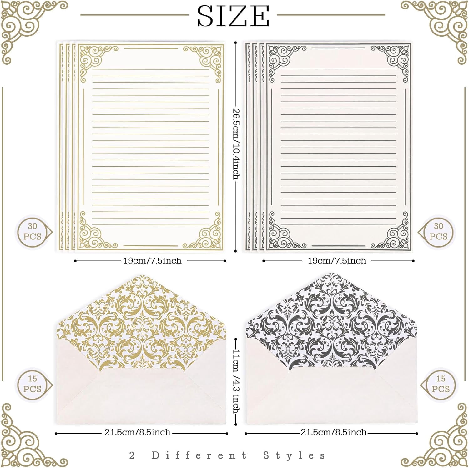 60 Sheets Vintage Stationery Paper with 30Pcs Self-Adhesive Envelopes Gold Black Border Letter Liner Double-Sided Writing Papers for Birthday Wedding Invitation Greeting Cards