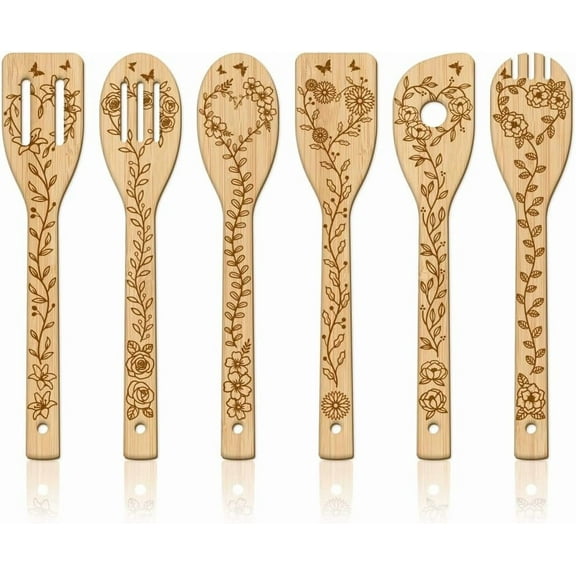 6Pcs Leaves and Flowers Bamboo Cooking Utensils Wooden Engraved Cooking Spoons Set Lilies Roses Daisies Kitchen Bamboo Spatula Set Wood Cooking Spoon for Kitchen House Warming Gift