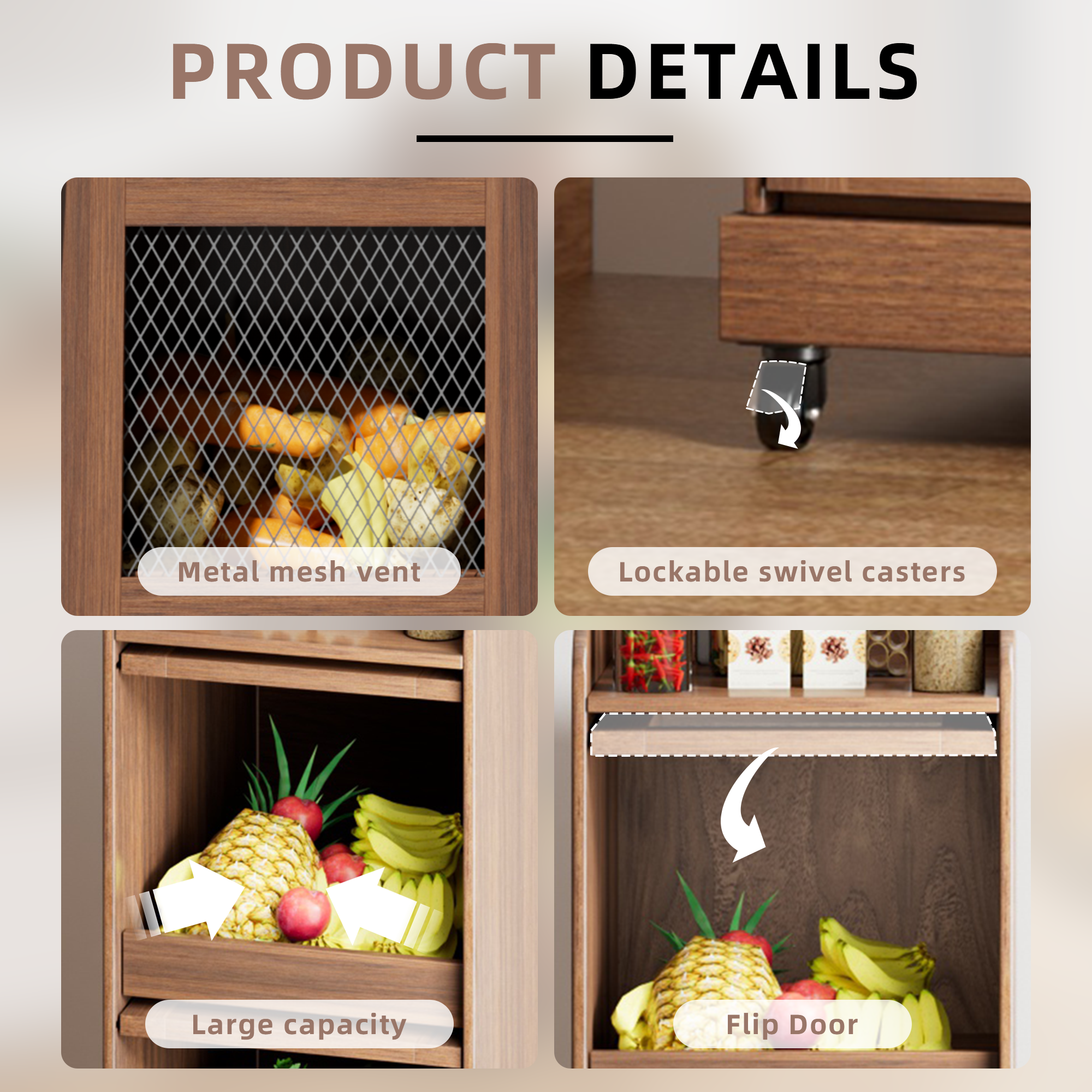 Food Small Kitchen Pantry Cabinet Wood Potato Storage Bins Farmhouse modern Fruit and Vegetable Box with Wheels for Kitchen Dining Room Living Room