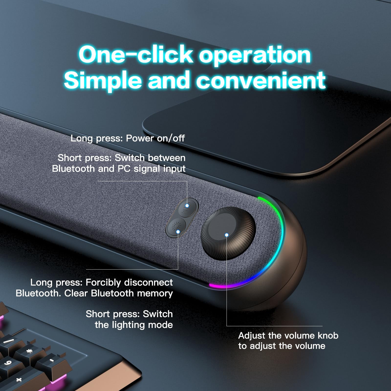 Desktop Computer Speakers, Stereo Soundbar, Bluetooth 5.3, USB/Type-C Power and Audio Transmission, Plug-and-Play, Compatible with PC, Mac, Laptops, Monitors, RGB Lighting, Wired Gaming Speakers