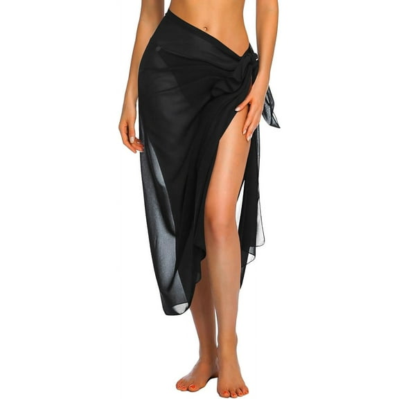 YUXNET Women Sarong Swimsuit Coverups Chiffon Long Bikini Wraps Sheer Beach Bathing Suit Cover Up Black One Size