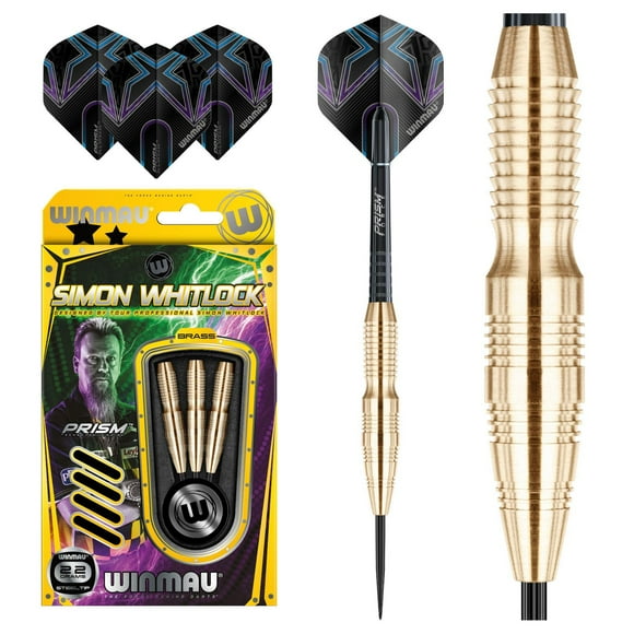 Winmau® Simon Whitlock Steel Tip Brass Darts - Designed by Tour Professional Simon Whitlock - Includes Three Steel-Tip Brass Darts, Three Prism Force Shafts and Three Prism Alpha Flights - 22 grams