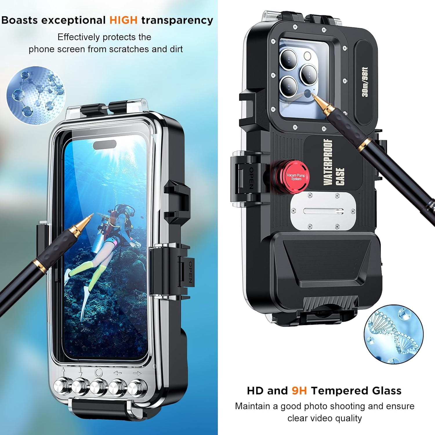 Bluetooth 30 Meter Deep Waterproof Case Compatible with All iPhone Series,Snorkeling Underwater Case 30M Operated Underwater Photo Video, for All iPhone  and Samsung Galaxy