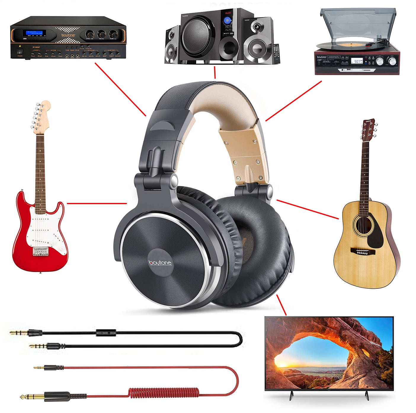 Boytone BT-10BR Wired Over Ear Headphones Studio Monitor & Mixing DJ Stereo Headsets with 50mm Drivers and 1/4 to 3.5mm Audio Jack for Audio Mixer Computer, Phone, Guitar, Laptop, Amplifire, TV