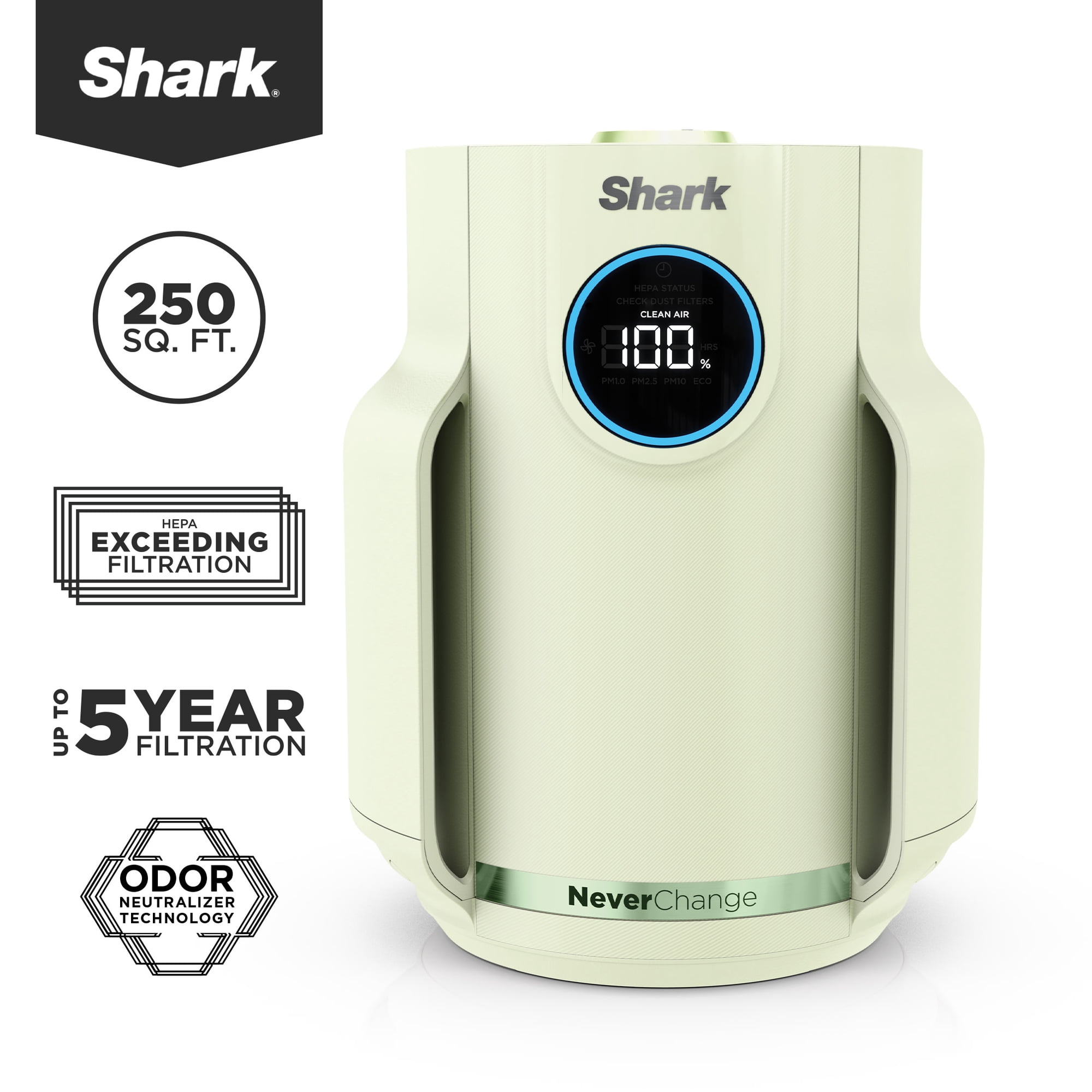 Shark NeverChange Compact Pro 250 Sq Ft HEPA Air Purifier, 5-Year HEPA-Exceeding Filter, Captures Pollutants, Pet Dander, Dust, and Smoke, HP072GN Honeydew