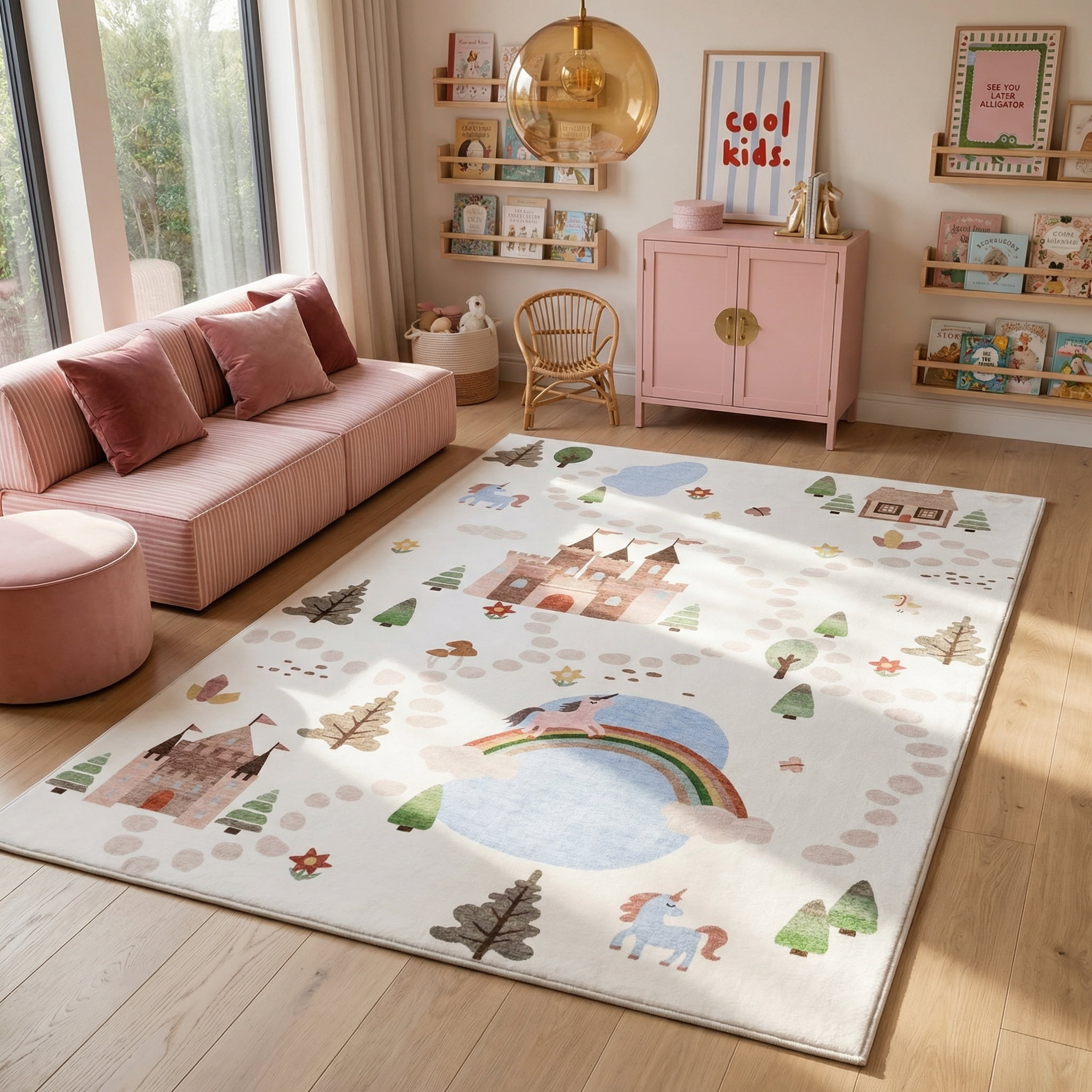 Rug Branch Soft Steps Playtime Licornes, Chateau, Carte routiere, Tapis educatif doux, Blanc Bleu - Garcons et filles dans la salle de jeux, la creche, la chambre