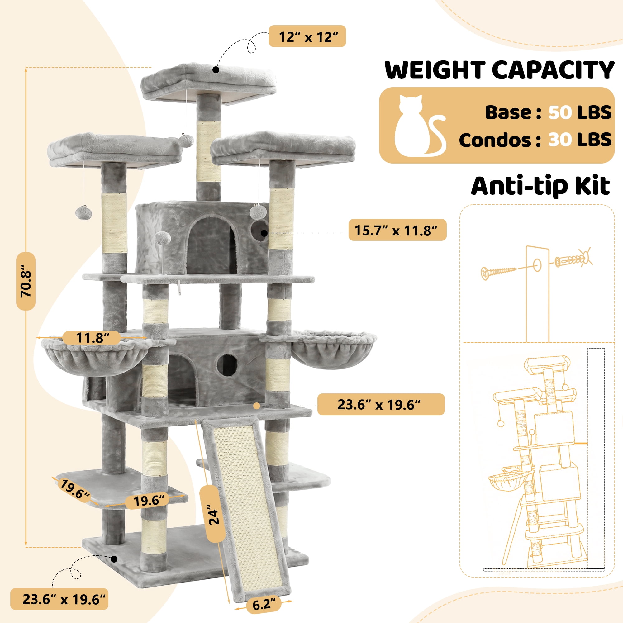 FOOWIN 70.8" Large Cat Tree, Multi-Level Cat Tower with Sisal Scratching Posts, Cat Activity Center Cat Play House, Gray