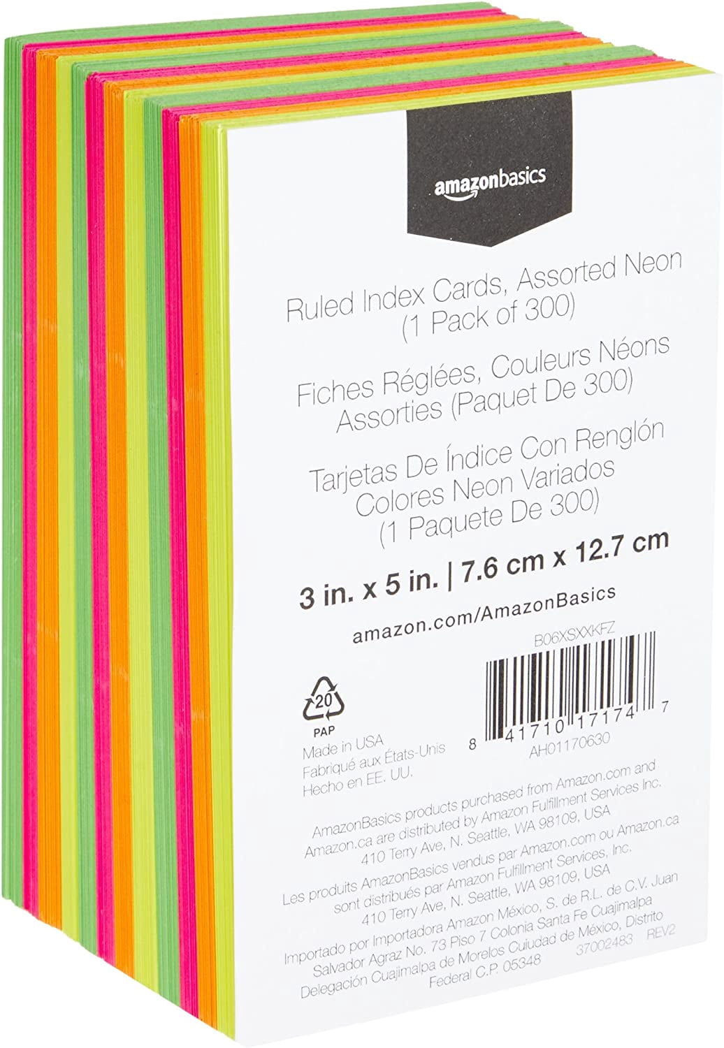 Ruled Index Flash Cards for Studying and Note Taking, Color Coding, Assorted Neon Colors, 3" x 5", 300-Count