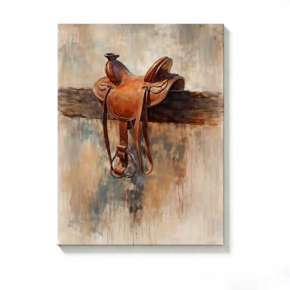 FLASHLUMI 8x12 Inch Vintage Leather Horse Saddle Oil Painting Canvas Wall Art, Rustic Western Cowboy Home Decor for Living Room Bedroom, No Frame