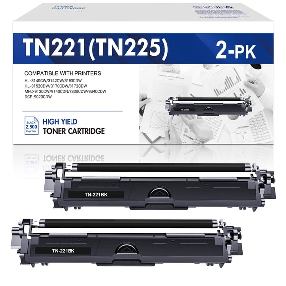 TN221BK TN225 Black Toner Cartridge Replacement 2-Pack for Brother TN221 TN-221BK MFC-9130CW HL-3170CDW HL-3140CW MFC-9330CDW Printer Ink