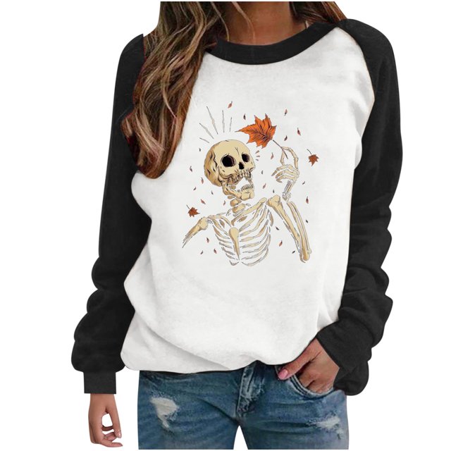 Blusa de manga larga con estampado de esqueleto de Halloween a la moda para mujer, suéter informal con cuello redondo, Tops, camisetas Fridja fjkfkj6879