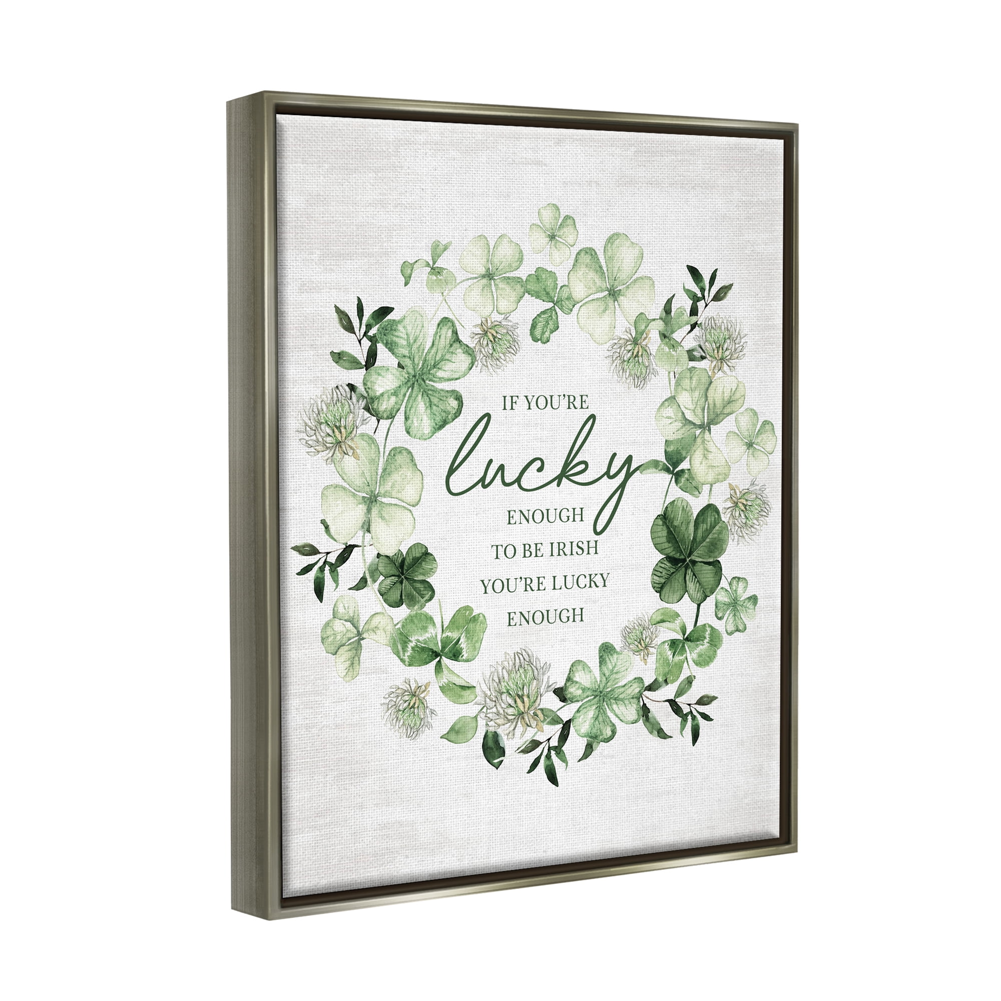 Stupell Industries Irish is Lucky Enough Wreath Botanical & Floral Painting Gray Floater Framed Canvas Art Print Wall Art, 17 x 21