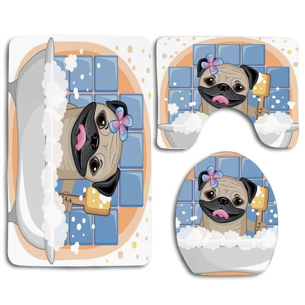 ABPHQTO Caricatura de Pug un perro que tiene burbujas de baño Flor colorida Divertido azul pálido Negro Marrón pálido 3 piezas Alfombra de baño Alfombra de contorno y tapa de inodoro