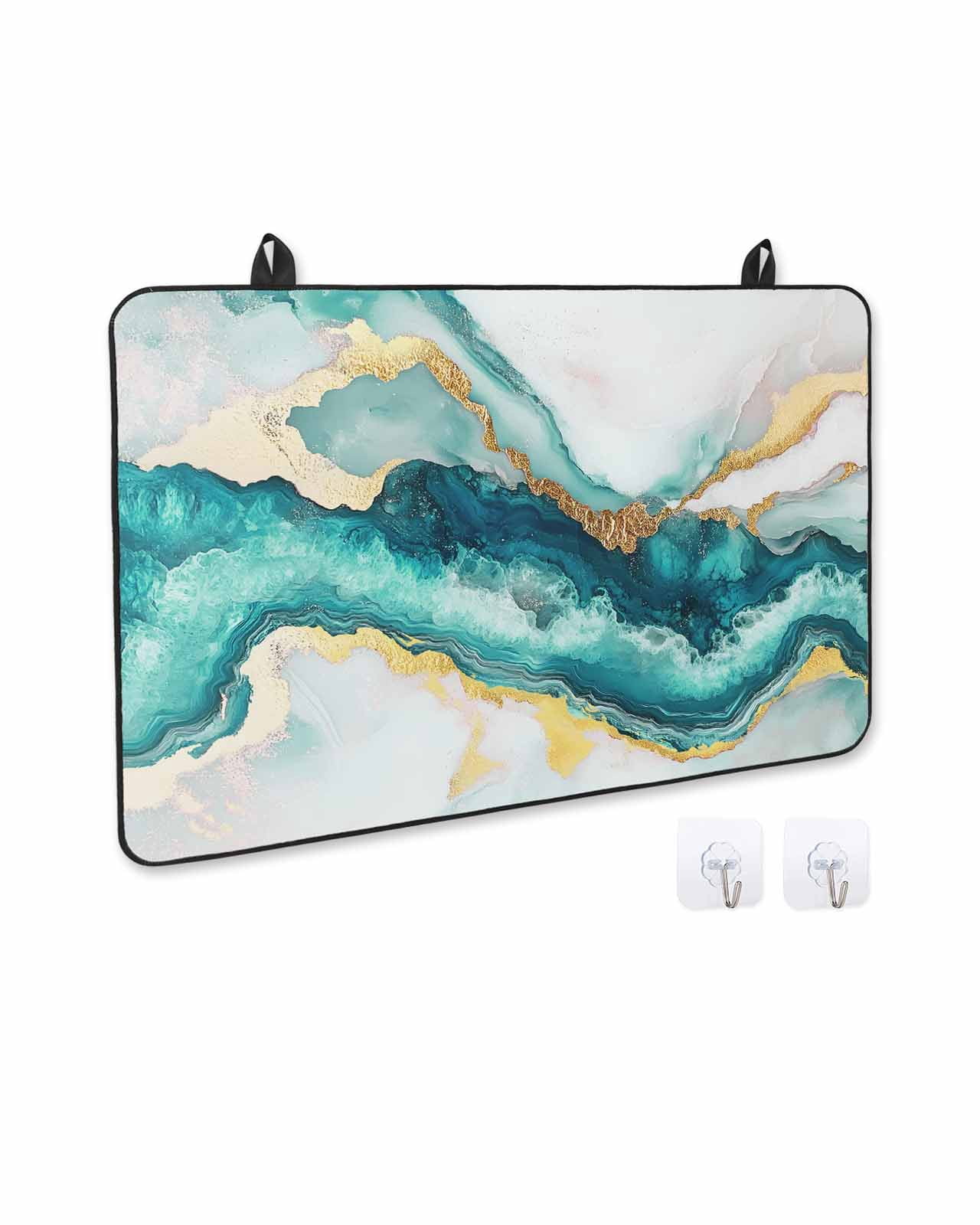 nqOlkjepod Large Induction Cooktop Protector Mat 36"x21", Abstract Marble Stove Top Covers for Electric Stove, Turquoise Abstract Golden Foil Texture Stove Burner Cover Mats, Glass Top Stove Cover