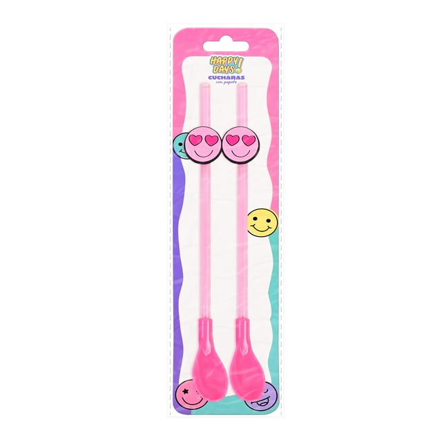 Cucharas con Popote Prichos Happy Days! de Plástico y PVC Color Rosa con 2 Piezas