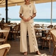 thumbnail image 5 of Women Suits 2 Piece Set Womens Solid Color Casual Vacation Linen Outfit Button Short Sleeve Blouse Wide Leg Pants Set Summer Travel Wear Khaki 3XL, 5 of 7