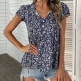 thumbnail image 2 of Camisas casuales holgadas de verano para mujer, azul marino XXL, cuello en V, mangas cortas para uso diario o trabajo, blusas con volantes y estampado floral, 2 of 6