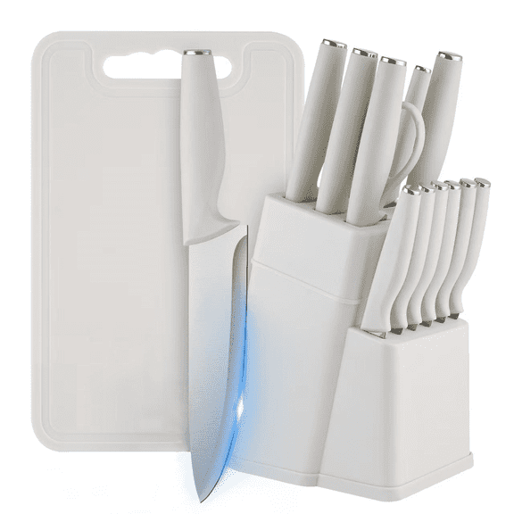 Jozram 15-Piece Kitchen Knife Block Set, Dishwasher Safe Stainless Steel Cutlery, beige