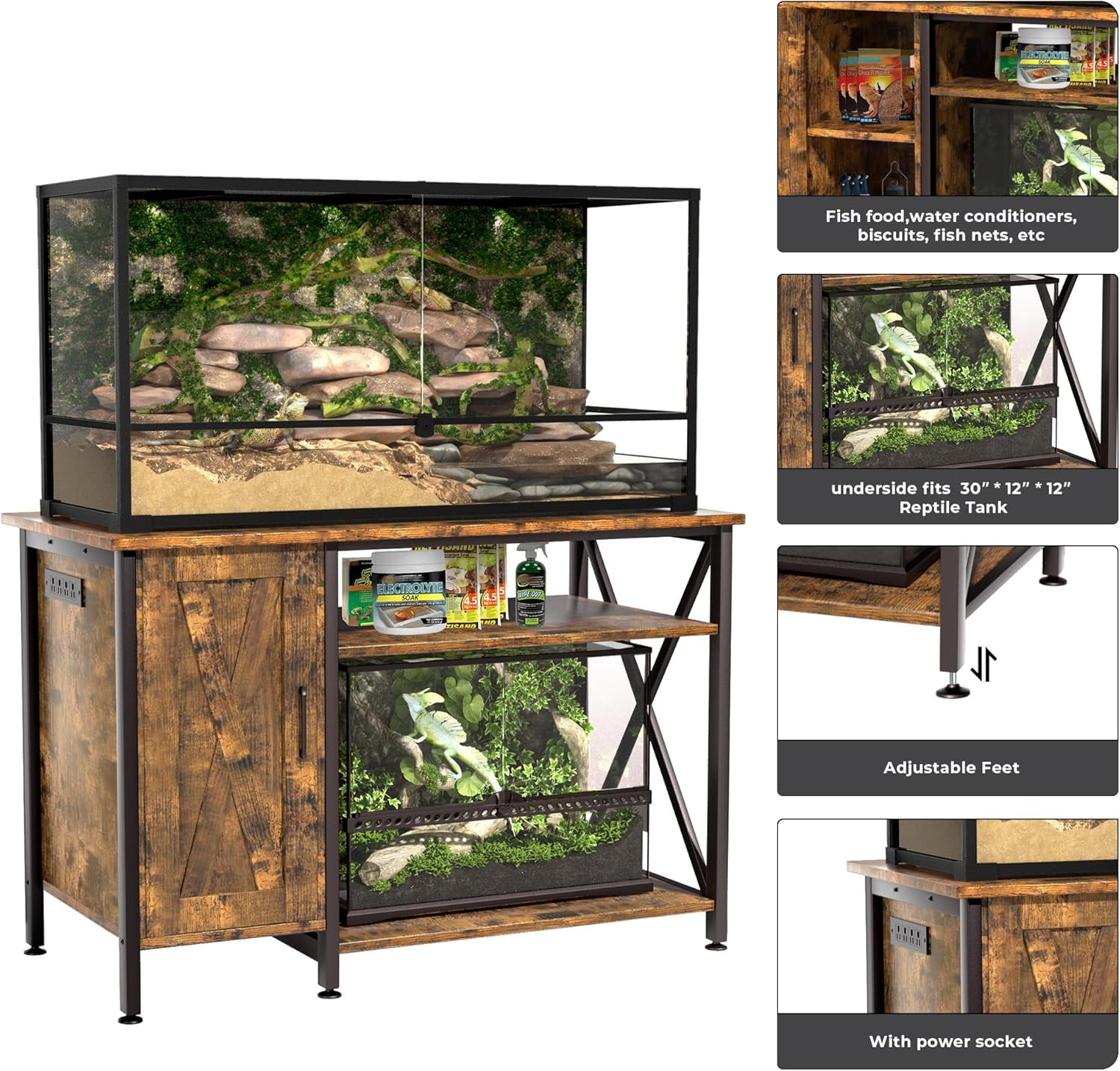 Herture 40-120 Gallon Reptile Tank Stand with Power Outlet, Terrarium Stand with Storage Cabinet, 48" X 24" Tabletop, Reptile Terrarium,Turtle Tank Black PG08XYB
