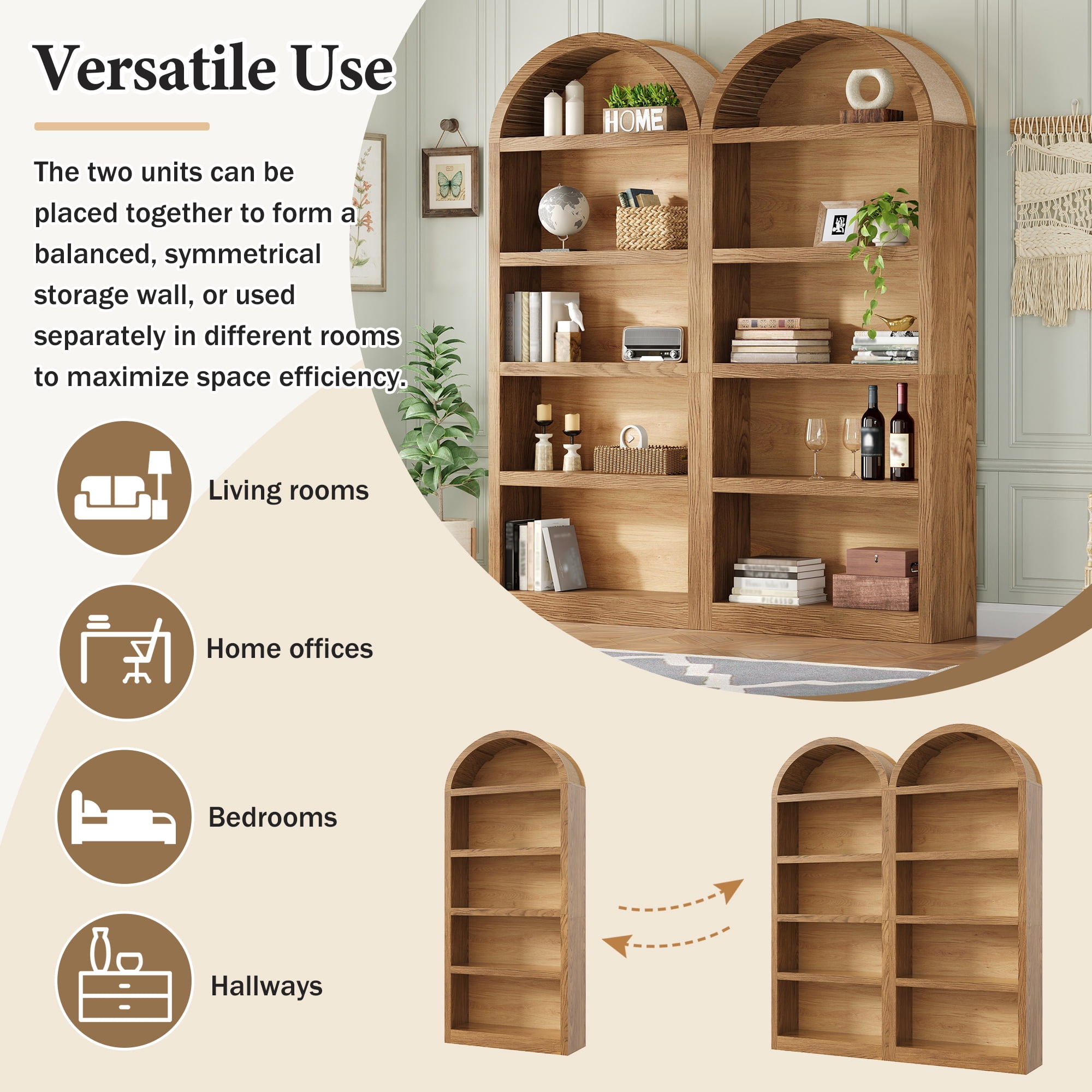 Homy Casa 69" Tall Arched Bookcase Set of 2, Wood Grain 4-Shelf Display Bookshelves, Natural