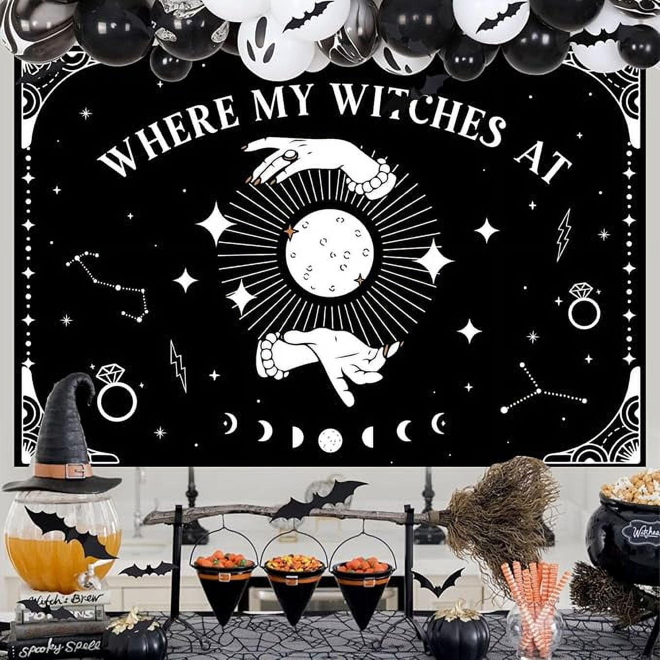 Halloween Where My Witches at Bachelorette Party Decorations Witches Backdrop Balck Balloon Garland Arch Kit 3D Bat Wall Stickers for Halloween Bachelorette Bridal Shower Party Decor Favors