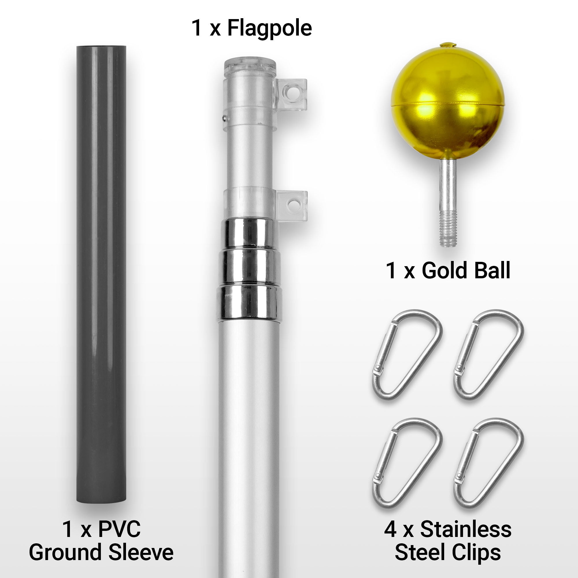 G128-16 Ft Telescoping Flag Pole Aluminum Silver |Flag Poles for Outdoor/Ground Heavy Duty | Flag EXCLUDED