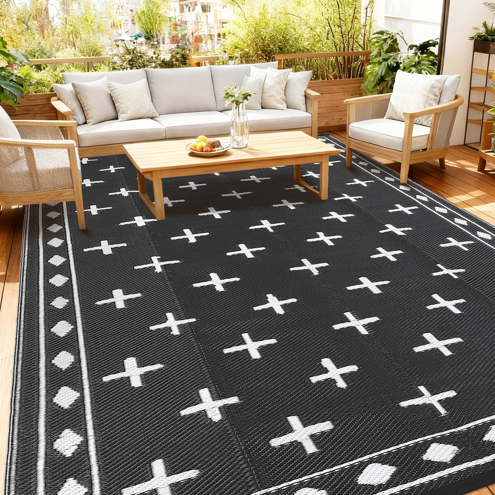 Volkmi Reversible Geometric Outdoor Rug – Waterproof, UV Resistant Low-Pile Plastic Mat for Patio, Garden, Camping, Easy to Clean, Large 8x10 ft, Black/White, USA Specs