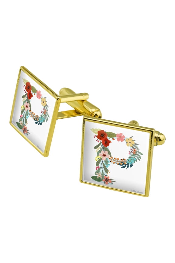 Letter P Floral Monogram Initial Square Cufflink Set - Silver or Gold