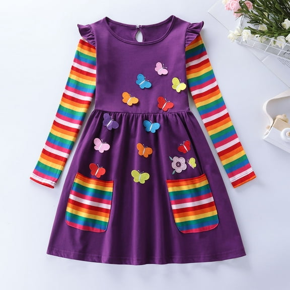 NAISIBABY Girls Casual Dress, Long Sleeve Cotton Fashion Appliques Pleated Dress Purple 4-5T