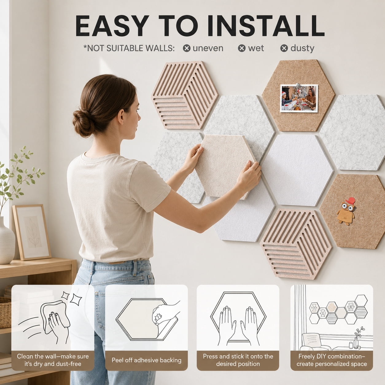 HBK Hexagon Cork Tiles 10 pack with 50 Pins, Self-Adhesive Wall Bulletin for Home Office Decor, Classroom Organization and Photo Display