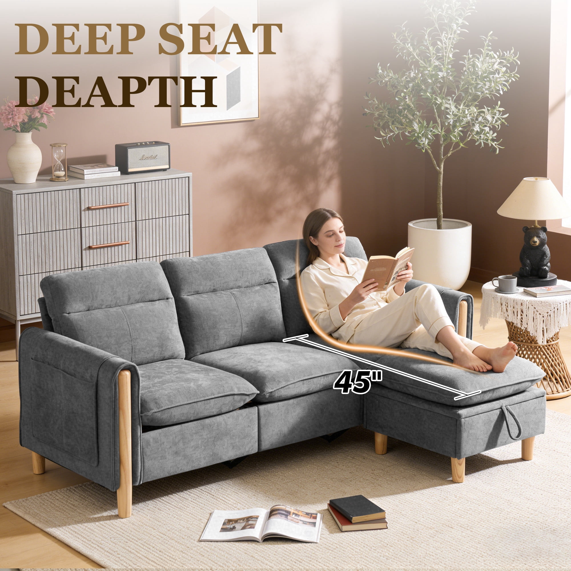 MOONMISS 3-Seater Chenille Sectional Sofa with Storage Ottoman & Side Pocket Convertible Chaise Lounge for Living Room,Gray