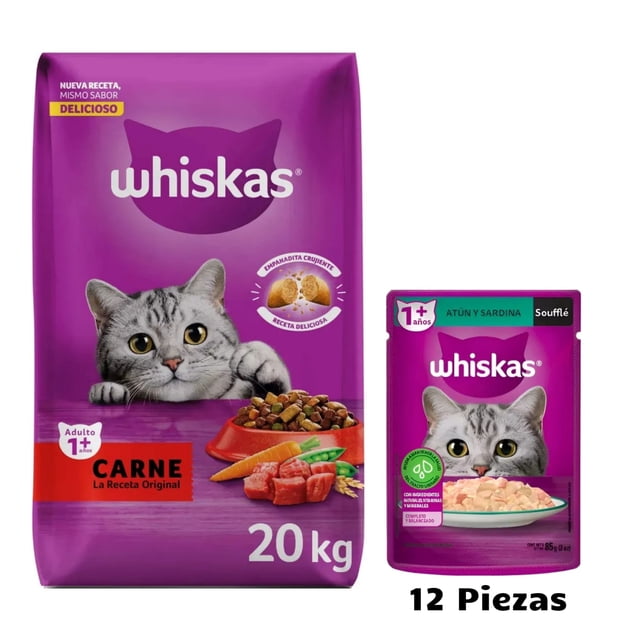 Whiskas Original Carne 20 kg + Caja Whiskas Sobre Gato Souffle Atun y Sardina 85 g (12 Pzas)