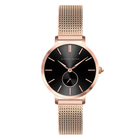 Alfred Sung Montre en Maille pour Femmes Serenity à Cadran Noir Or Rose