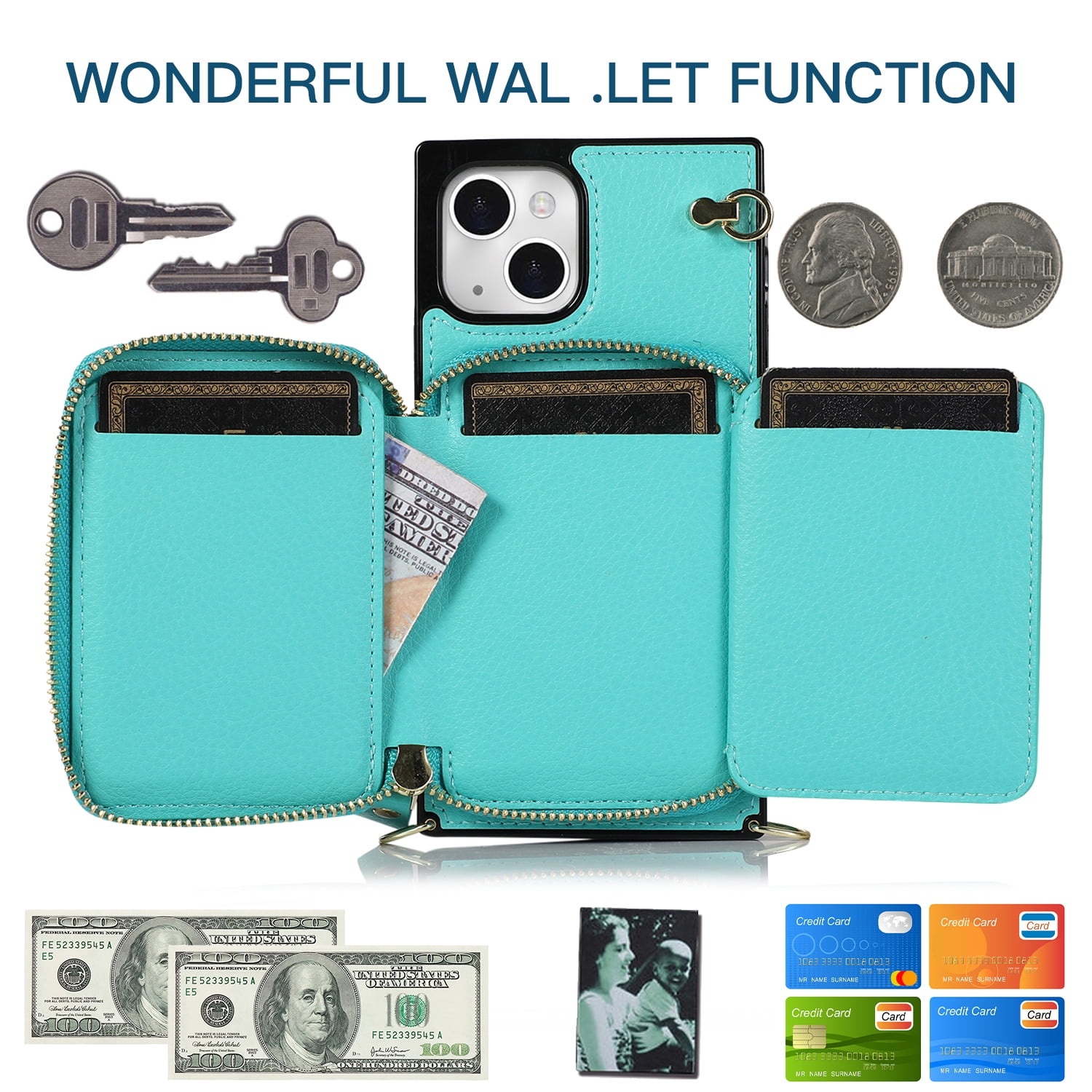 TECH CIRCLE For iPhone 12 Mini Wallet Case,Card Holder Phone Case for Women, Zipper PU Leather Purse Kickstand Folio Flip Case with Crossbody Strap for Apple iPhone 12 mini 5.4" 2020,Mint