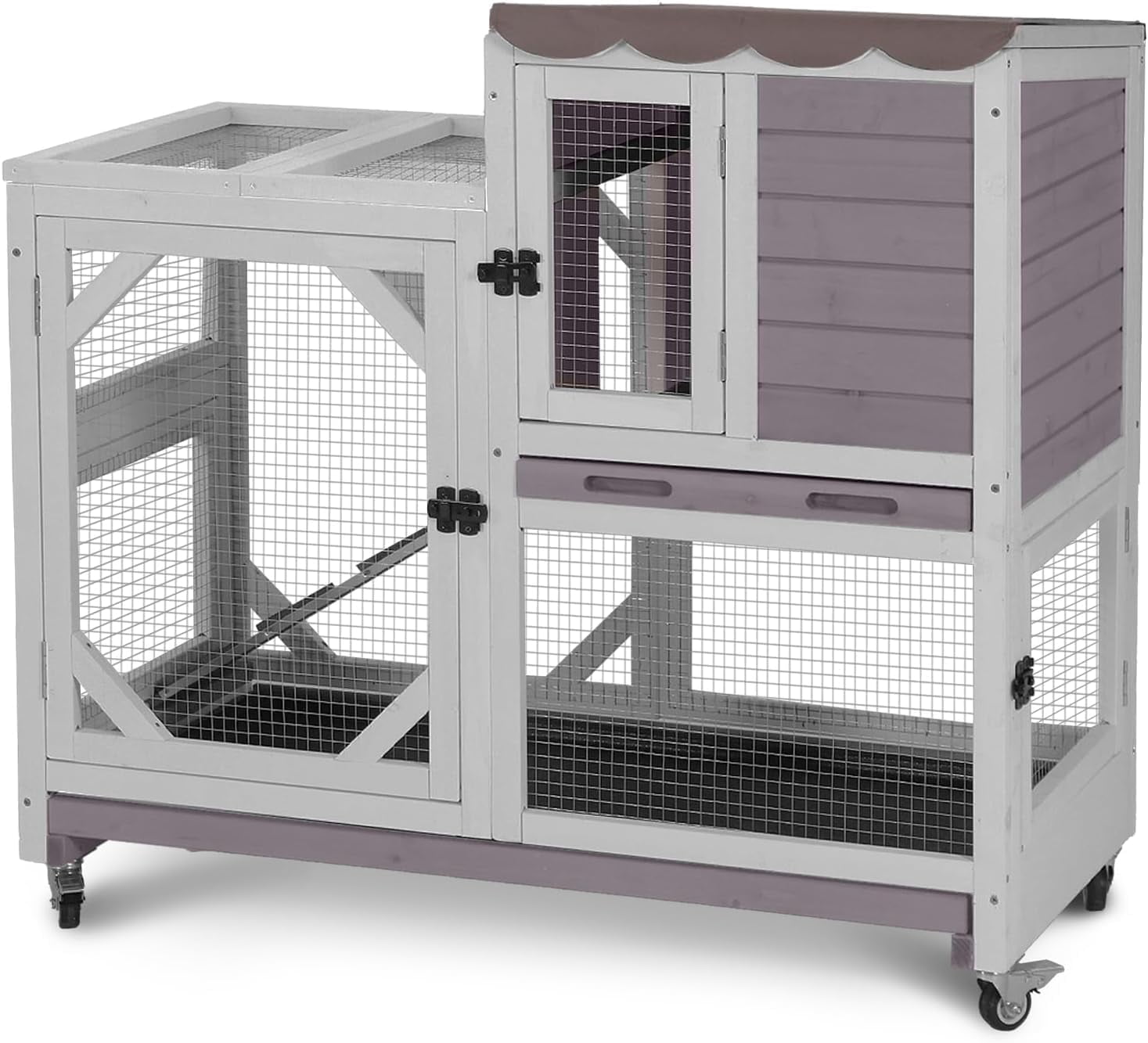 2-Story Rabbit Hutch Bunny Cage with Leak-Proof Trays & Chew-Proof Ramp - Indoor/Outdoor 39.3" Wooden Rabbit Cage with Wheels for Rabbits, Guinea Pigs, Small Animal (Grey)