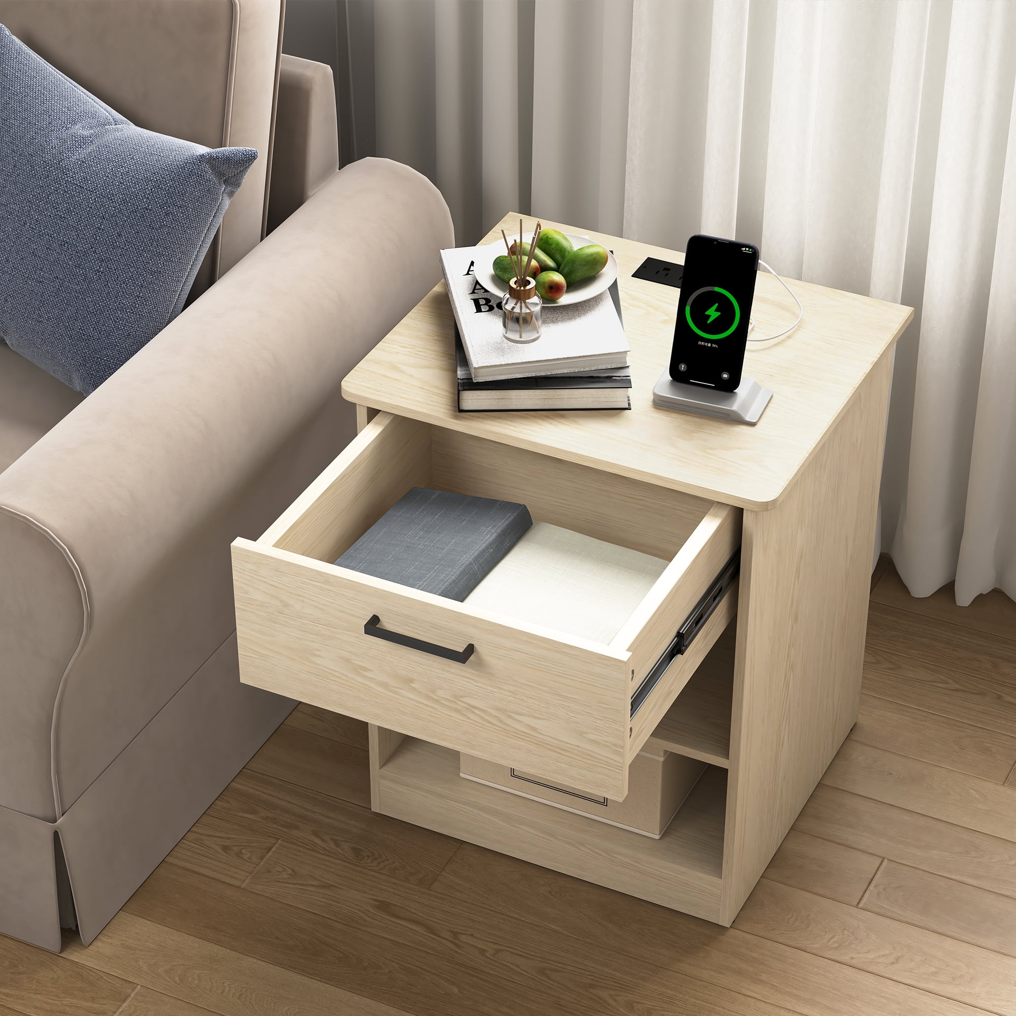 Demi Bonn 18.9" Side Table with Fast Charging Station USB C Cable Fast Charging, Wood End Table Nightstand with Drawer and Shelf for Living Room, Beige