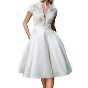 Women's V Neck Short Sleeves Tea Length Short Wedding Dress Satin Plus Size Bridal Gowns