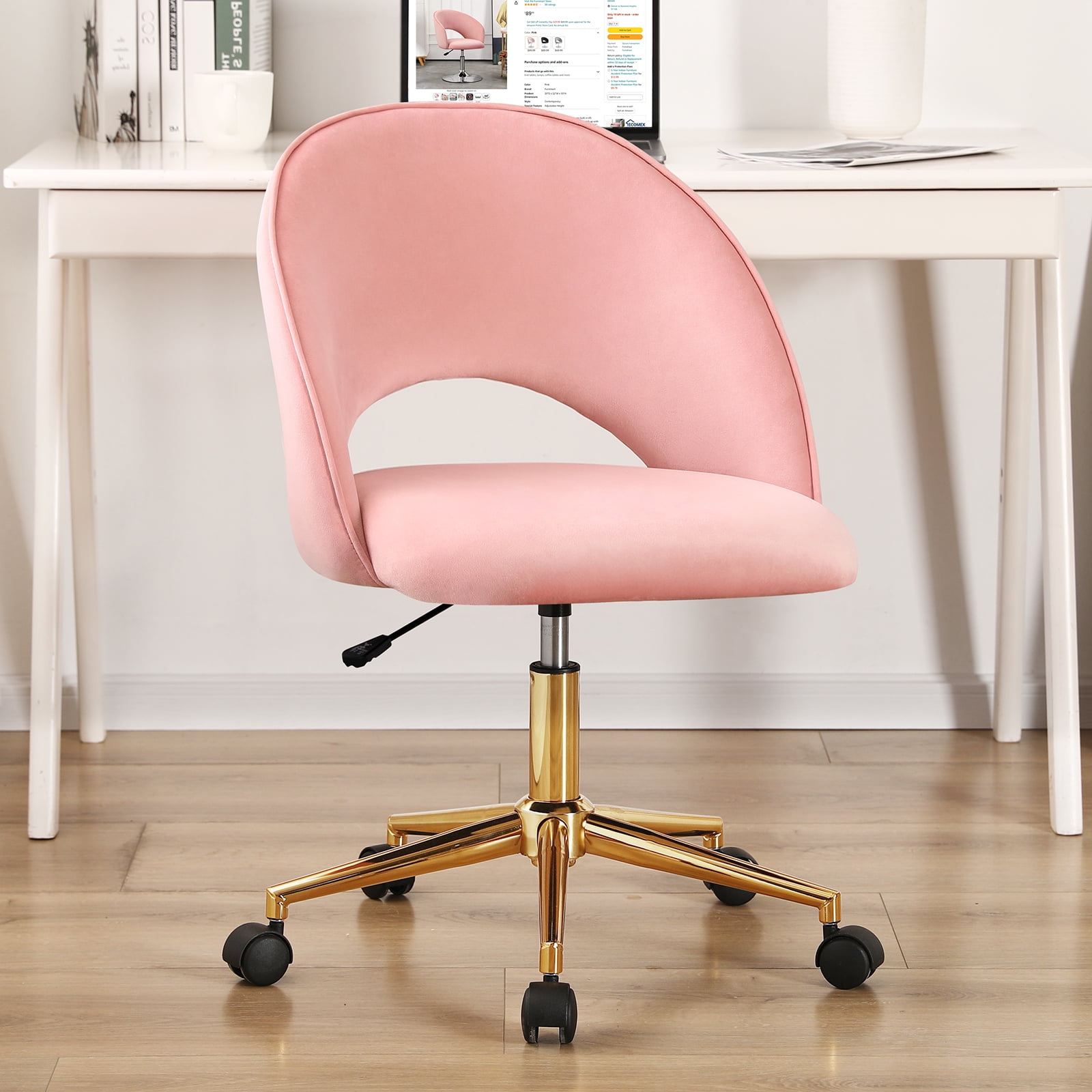Pink Velvet Home Office Chair Swivel Vanity Chair Height Adjustable