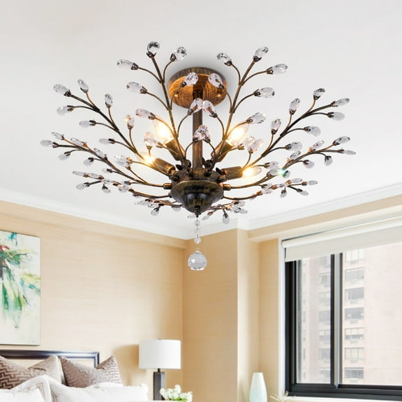 30-inch Vintage Crystal Chandelier - 5-Light Antique Iron Floral Ceiling Fixture with 6" Ceiling Canopy & E12 Sockets for Dining Room etc