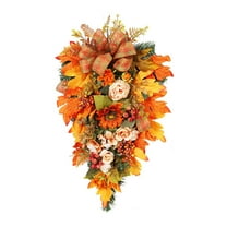 JeashCHAT Fall Teardrop Swag, Thanksgiving Halloween Decorations, 20" Artificial Swag Wreath with Maple Leaves Peony Sunflower Flowers Bow, for Home Front Door Porch Wall Stair Decor