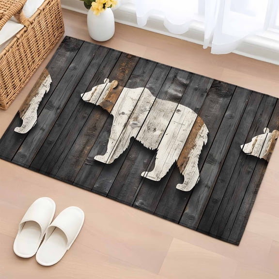 2x3 Ft Entryway Area Rug, Vintage White Brown Bear Kitchen Rug Runner Washable Floor Mat, Retro Country Rustic Wood Grain Non Slip Indoor Door Mat Throw Carpet for Bathroom Living Room Bedroom